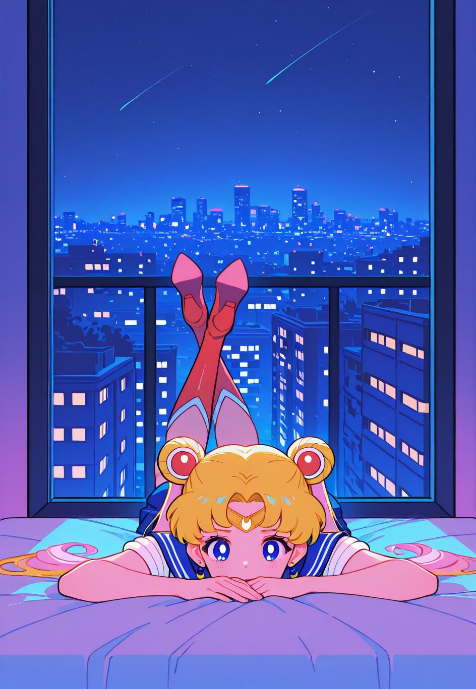 Sailor Moon, com o seu característico penteado «odango» loiro, está deitada de bruços numa cama, olhando diretamente para o espectador. Atrás dela, uma grande janela revela uma vibrante paisagem urbana noturna sob um céu estrelado.