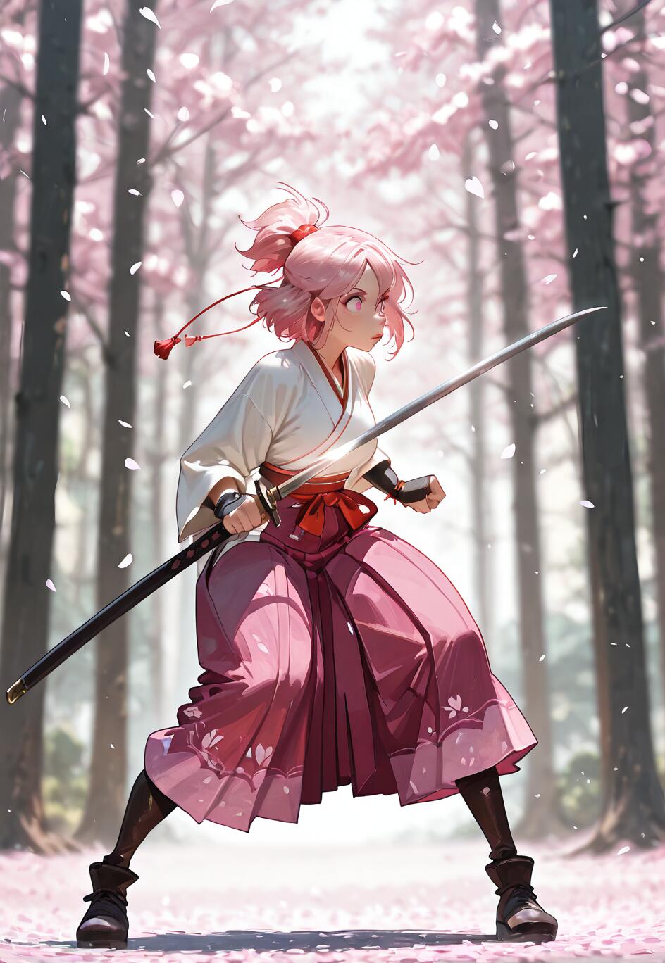 Uma ilustração em estilo anime de uma jovem com cabelo cor-de-rosa, preso num rabo de cavalo alto, vestindo um top branco e um hakama rosa, segurando uma katana numa postura defensiva numa floresta onde pétalas de cerejeira caem.