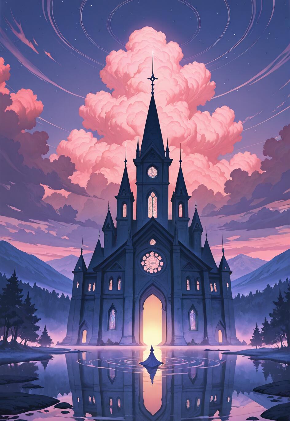 Uma ilustração digital de fantasia que retrata uma catedral gótica e sombria à beira de um lago, ao entardecer. Grandes e volumosas nuvens cor-de-rosa preenchem o céu roxo, e toda a cena se reflete nas águas calmas. Uma pequena figura solitária, vestida com uma túnica escura, está sobre a água, em frente à entrada iluminada da catedral.