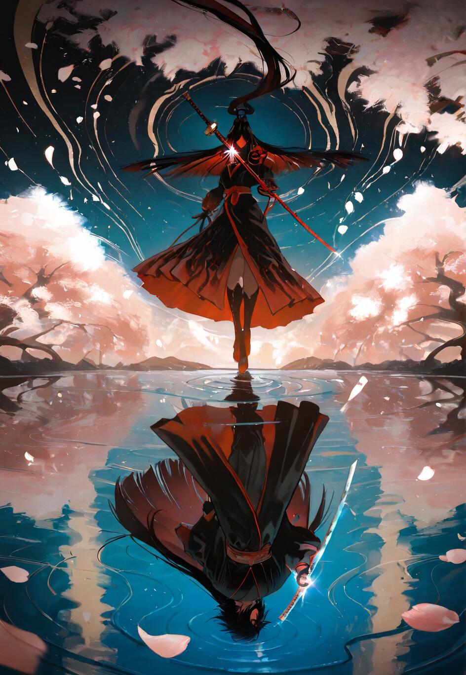 Uma ilustração em estilo anime de Sasuke Uchiha, de Naruto, em pé sobre a água, sob um céu noturno com cerejeiras. O seu reflexo na água revela o seu verdadeiro rosto, criando um tema de dualidade.