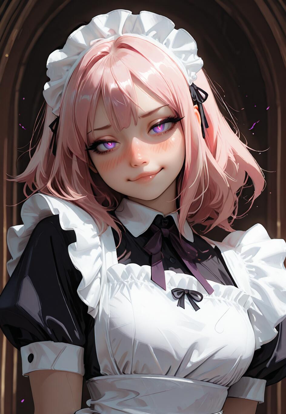Uma ilustração digital do personagem de anime Astolfo, da série Fate, com cabelo cor-de-rosa e olhos roxos brilhantes, vestindo um uniforme de empregada em preto e branco. Ele tem uma expressão de satisfação e está olhando para a câmera, com um fundo escuro.