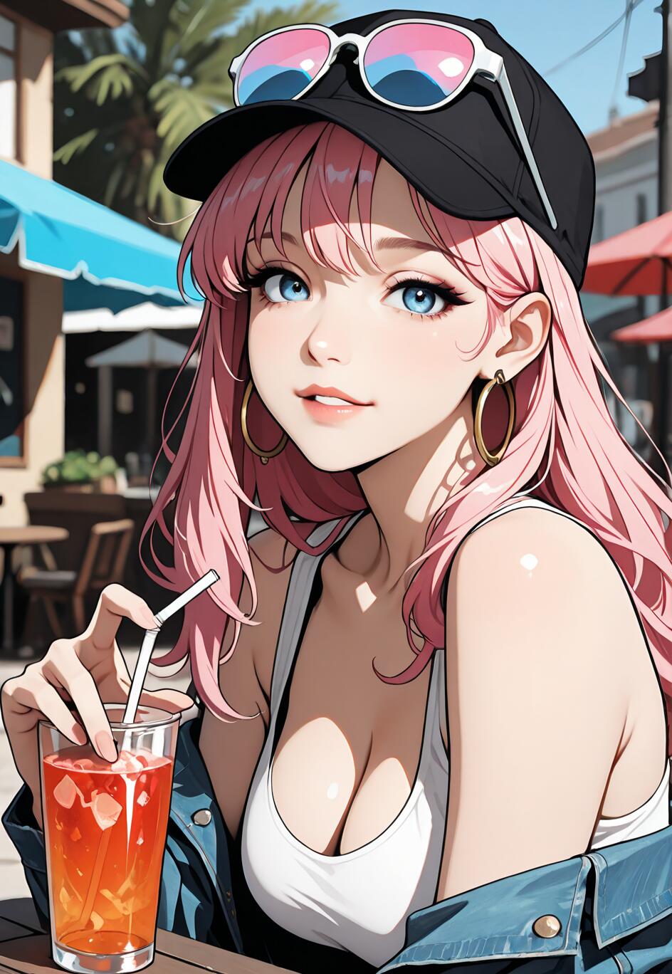Um retrato em estilo anime de uma jovem com cabelo cor-de-rosa e olhos azuis, sentada num café ao ar livre. Ela usa um boné preto, óculos de sol, uma jaqueta de ganga e segura um copo alto com uma bebida de cor laranja-avermelhada e um canudo.