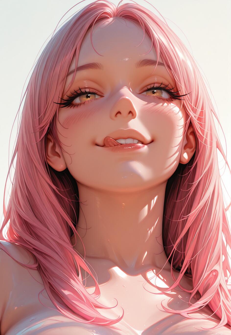 Um retrato em close-up de uma mulher com longos cabelos cor-de-rosa e olhos dourados, olhando para cima com um sorriso divertido e lambendo os lábios sob a luz intensa do sol.