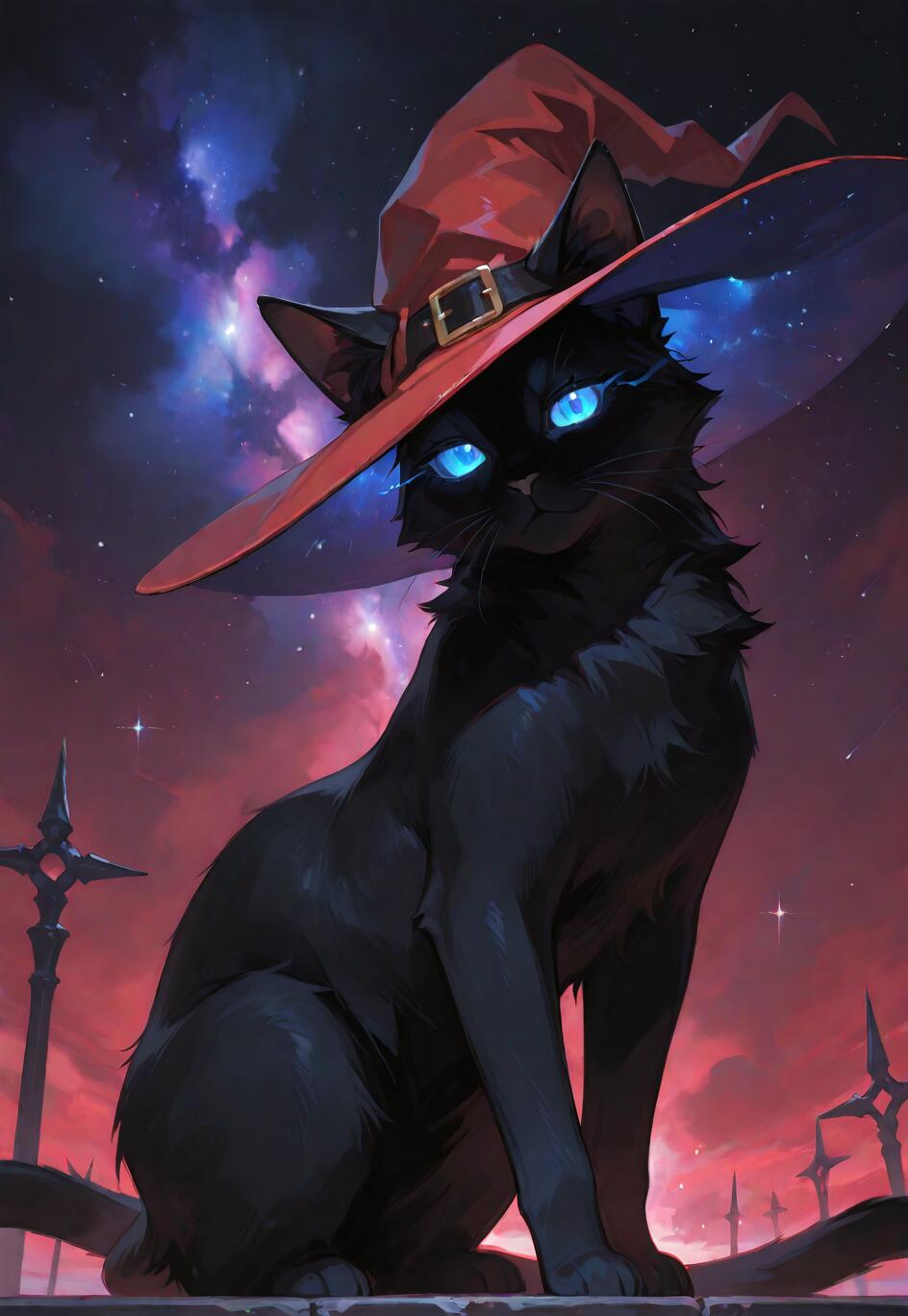 Uma ilustração digital de um elegante gato preto com olhos azuis brilhantes, usando um grande chapéu de bruxa vermelho. O gato está sentado e olhando diretamente para o observador, com um céu noturno roxo e vermelho cheio de nebulosas ao fundo.