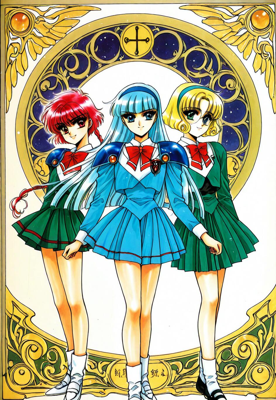 Ilustração de corpo inteiro de Hikaru Shidou, Umi Ryuuzaki e Fuu Hououji, da série Magic Knight Rayearth. Hikaru tem cabelo vermelho, Umi tem cabelo azul e Fuu tem cabelo loiro e usa óculos. Estão vestidas com uniformes escolares com armadura e estão em frente a uma grande moldura circular dourada e ornamentada.
