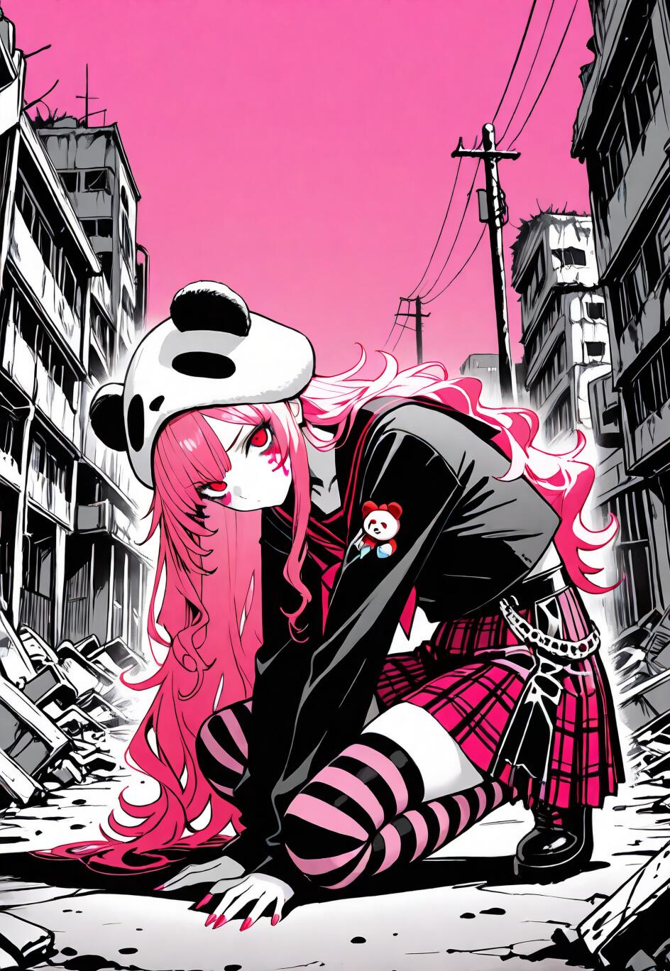 Uma ilustração no estilo anime da personagem MaiMai, de Arknights, com longos cabelos cor-de-rosa e um chapéu de panda. Ela está agachada numa rua de uma cidade em ruínas, em preto e branco, sob um céu rosa intenso e uniforme.