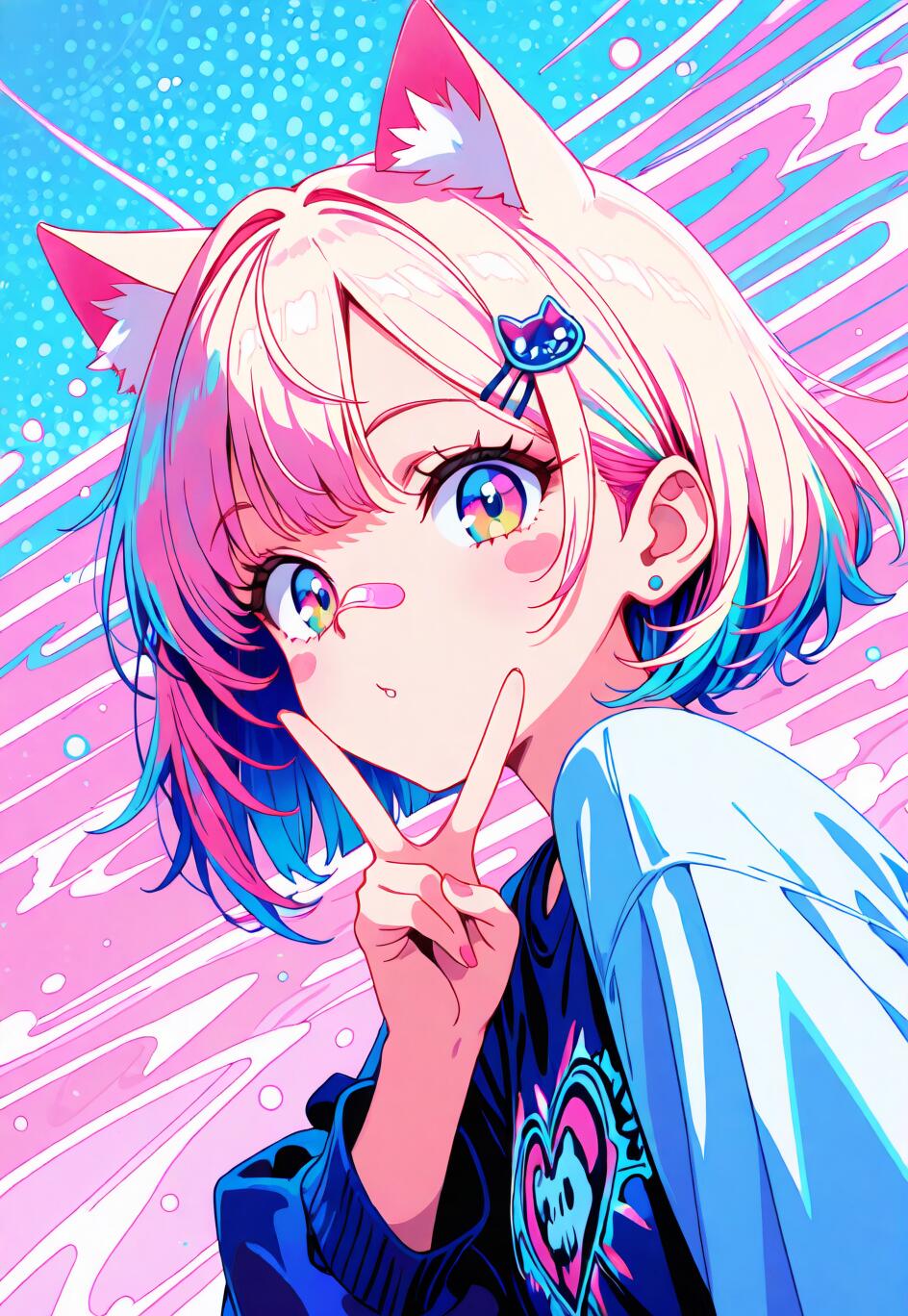 Uma personagem de estilo anime, com aparência de rapariga-gato, com cabelo cor-de-rosa e azul, orelhas de gato e um penso adesivo no nariz. Ela está a sorrir e a fazer o sinal de paz com a mão, em frente a um fundo abstrato vibrante, em tons de rosa e azul.