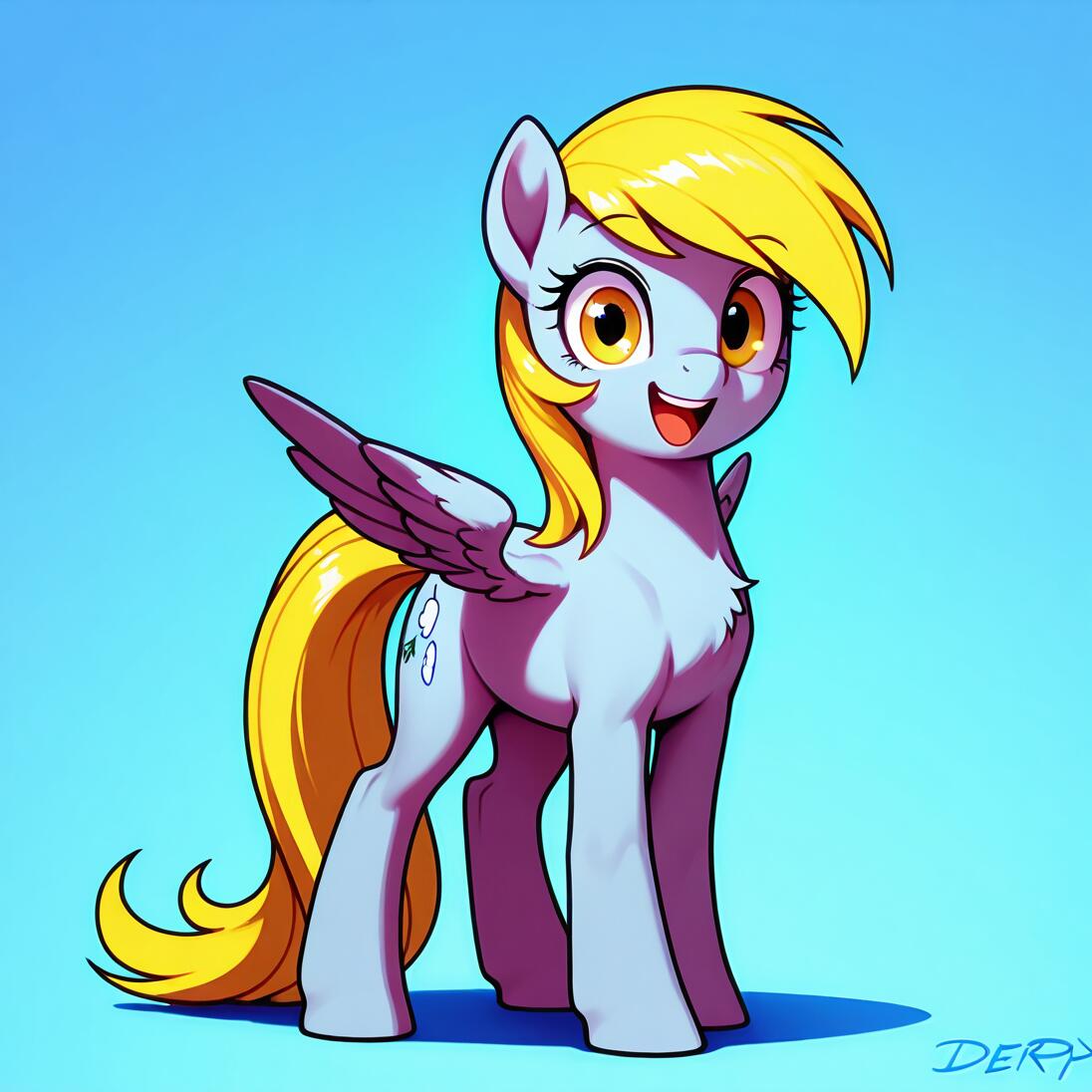 Ilustração digital de corpo inteiro da personagem Derpy Hooves, da série My Little Pony. Ela é uma pônei alada de cor cinza, com crina e cauda loiras, e está sorrindo alegremente enquanto está em frente a um fundo azul.