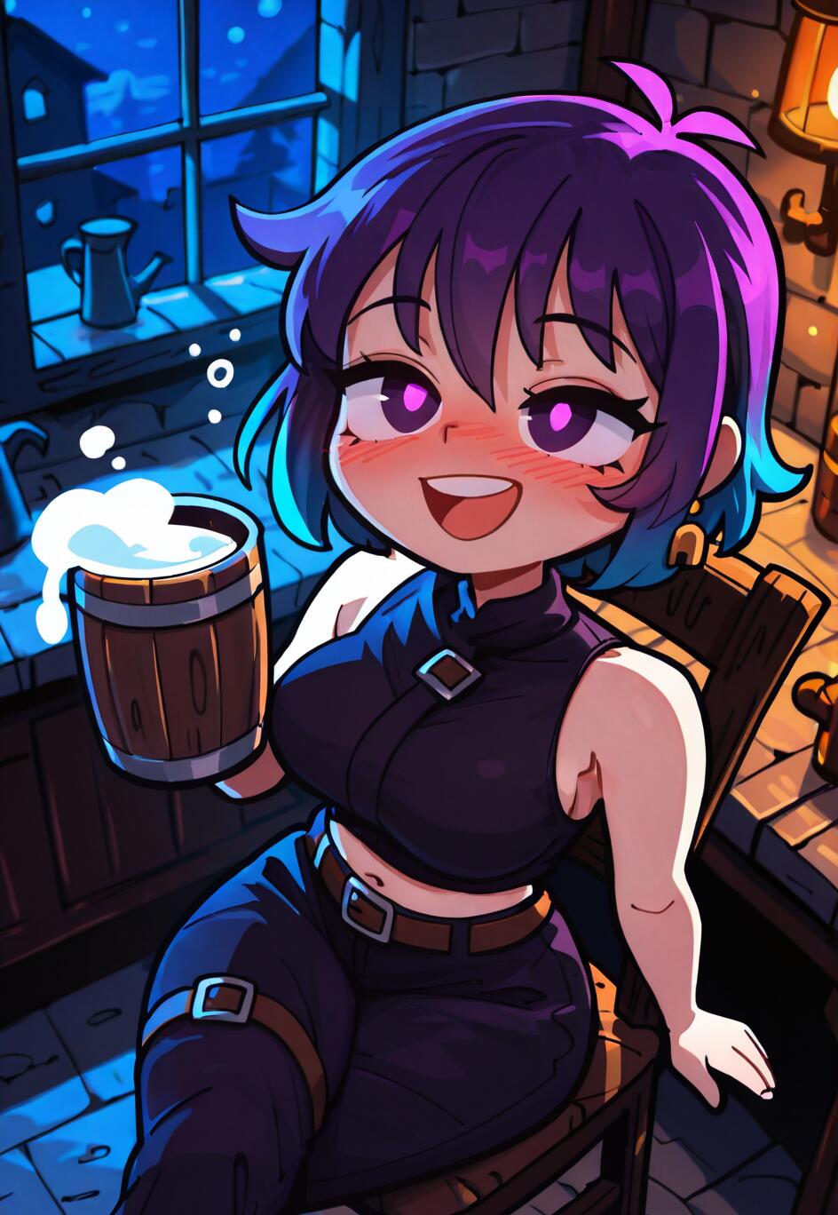 Uma ilustração em estilo anime de uma menina com cabelo curto, roxo e azul, sorrindo alegremente enquanto segura uma grande caneca de madeira cheia de cerveja, num ambiente acolhedor e iluminado por velas, numa taberna durante a noite.