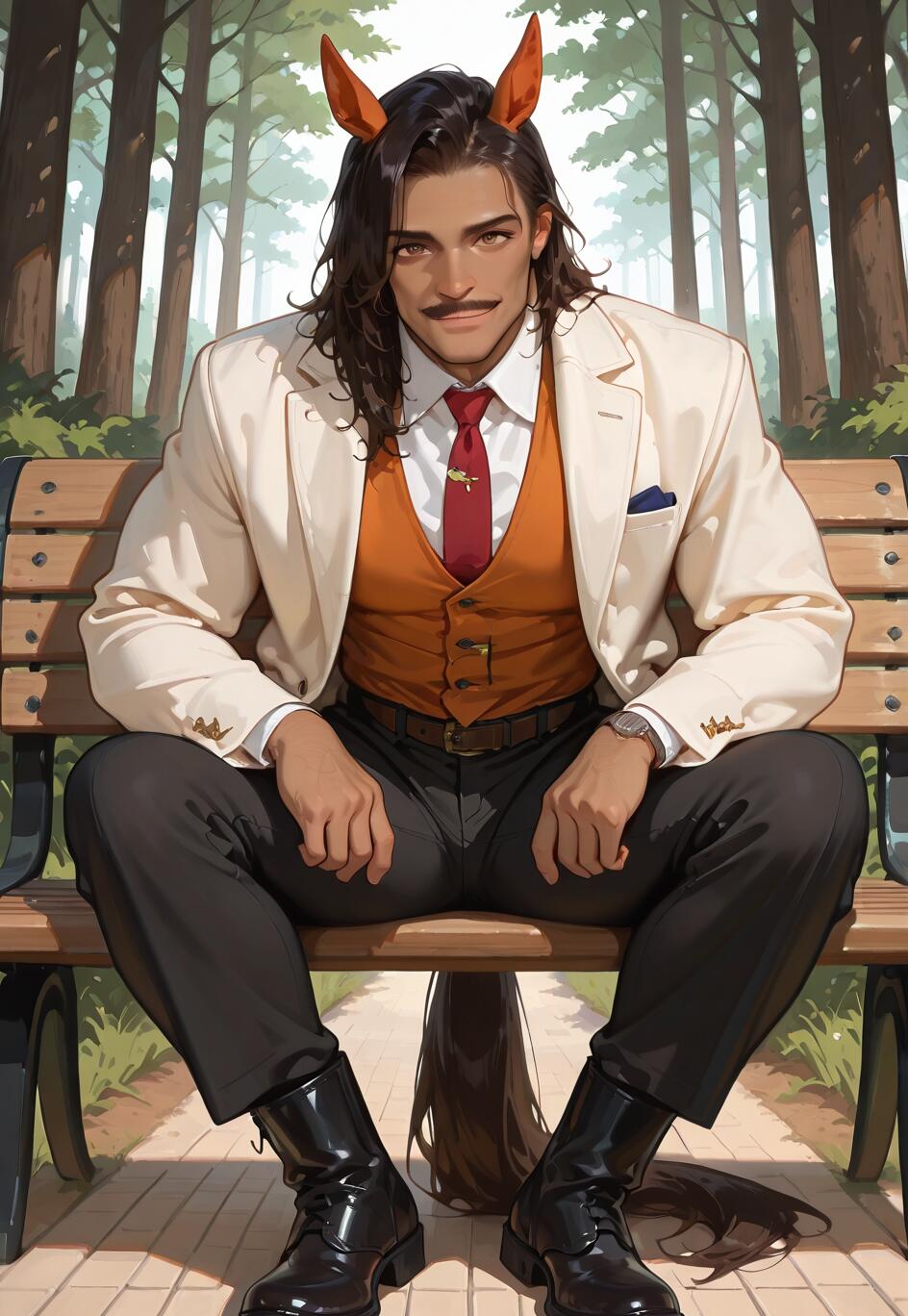 Uma ilustração digital de um homem atraente, de pele morena, com cabelos longos e escuros, bigode e orelhas de cavalo, sentado num banco de parque. Ele veste um casaco cor de creme, um colete laranja e uma gravata vermelha, olhando para a câmara com confiança e um ligeiro sorriso. Uma cauda de cavalo repousa no chão, atrás dele.