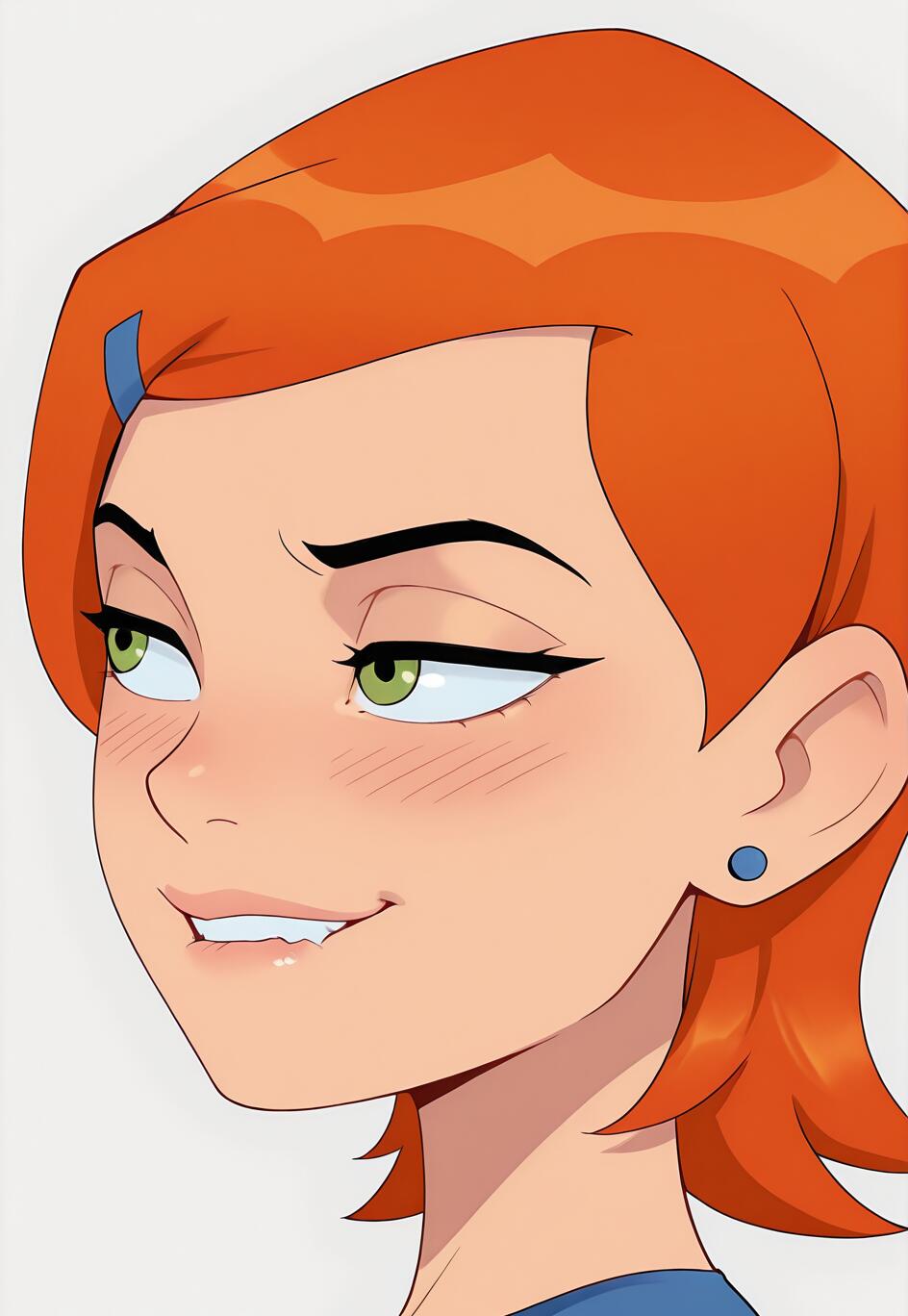 Uma ilustração digital em close-up de Gwen Tennyson, da série Ben 10. Ela tem cabelo curto e laranja, olhos verdes e um brinco azul. Ela olha para o lado, com uma expressão travessa e provocadora, e morde ligeiramente o lábio.