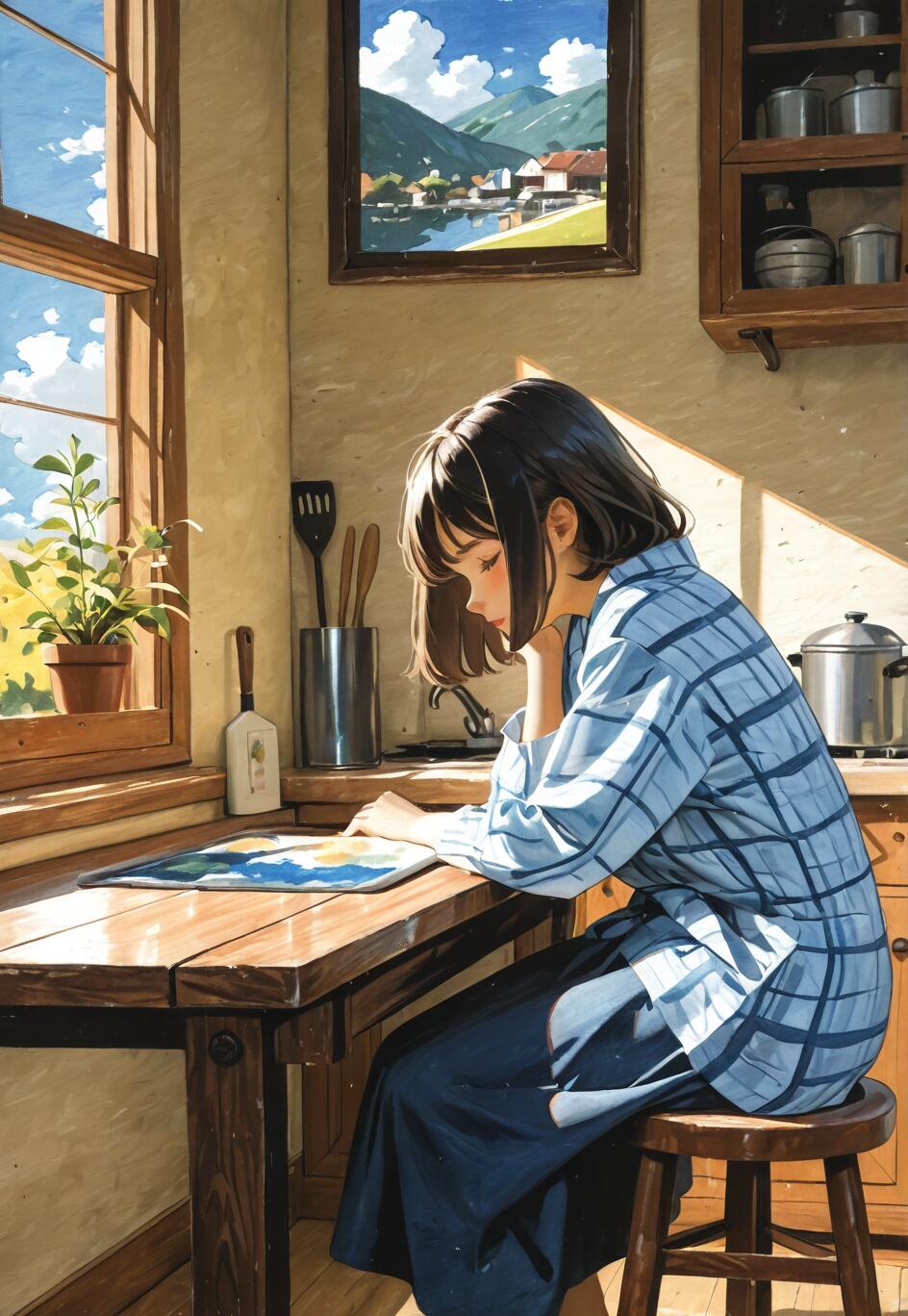 Uma ilustração em estilo anime de uma jovem com cabelo curto e escuro, sentada a uma mesa de cozinha de madeira. Ela veste uma camisa azul xadrez e olha para baixo, pensativa, enquanto a luz do sol entra por uma janela ao lado dela.