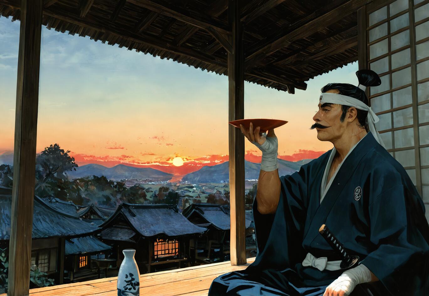 Uma ilustração de um samurai experiente, com bigode e o cabelo preso no alto da cabeça, sentado num alpendre ao pôr do sol, segurando uma taça de saquê vermelha e olhando para uma aldeia japonesa.