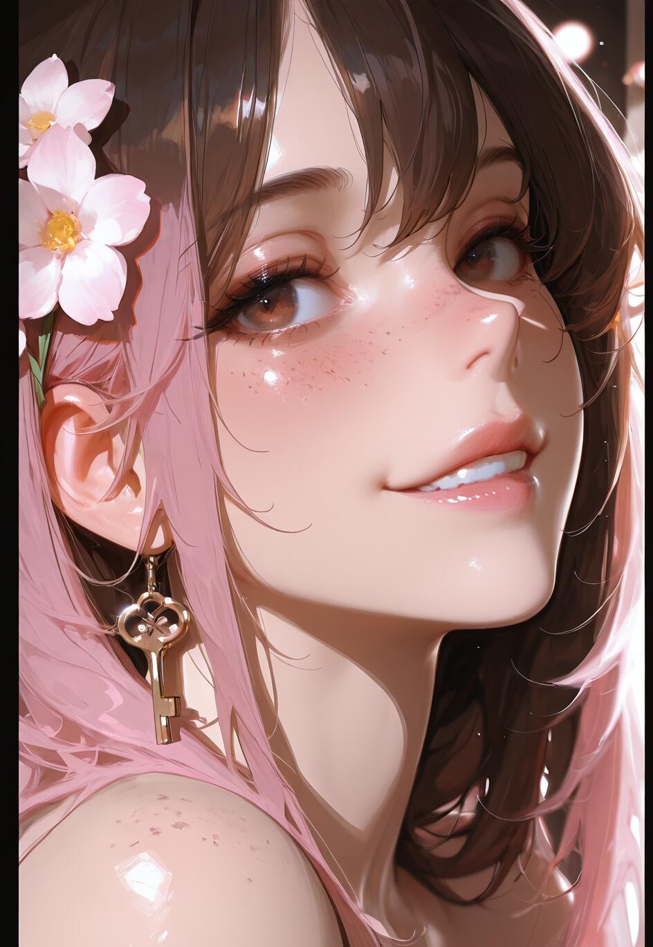 Um retrato digital em close-up de Neopolitan, personagem da série RWBY, uma jovem com cabelos castanhos e rosa. Ela tem flores de cerejeira no cabelo, olhos castanhos, sardas, um sorriso suave e usa um brinco em forma de chave dourada.