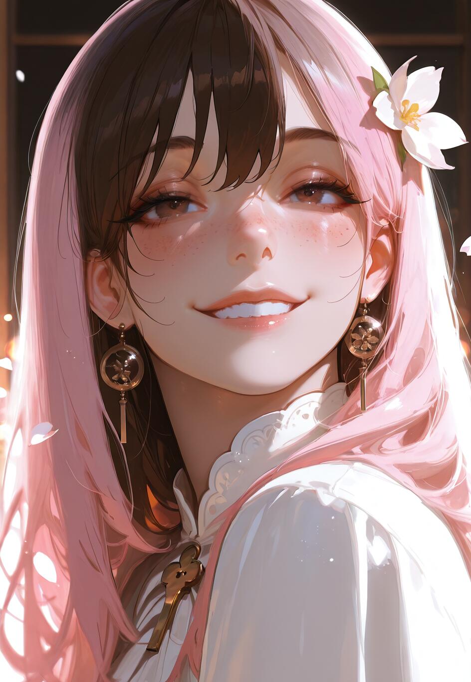 Ilustração digital de Neopolitan, personagem da série RWBY, uma jovem com metade do cabelo cor-de-rosa e a outra metade castanho, que sorri suavemente para o espectador. Ela tem uma flor branca no cabelo e veste um conjunto branco e brincos dourados.