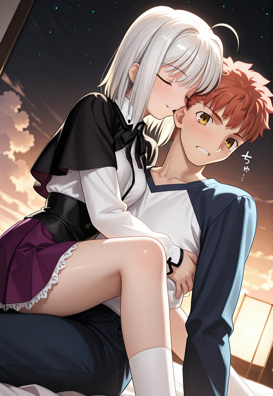 Uma rapariga de anime, de cabelos brancos e olhos fechados, está sentada no colo de um Emiya Shirou visivelmente perturbado, de Fate/stay night, e beija-lhe a face num quarto com pouca luz, durante a noite.