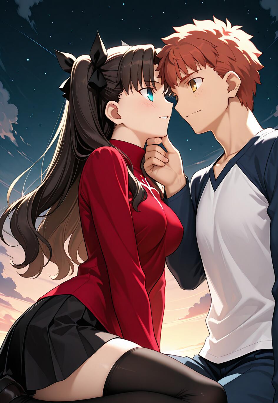 Uma ilustração em estilo anime de Rin Tohsaka e Shirou Emiya, de Fate/stay night, partilhando um momento romântico. Shirou segura o queixo de Rin enquanto ambos se olham nos olhos sob um céu estrelado.
