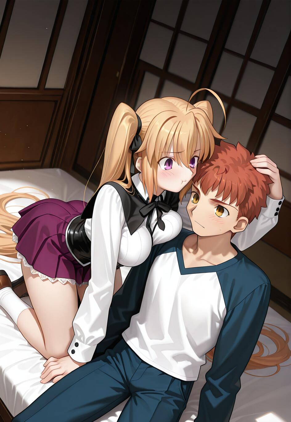 Uma ilustração em estilo anime que representa um crossover entre Fate/stay night e High School DxD. Irina Shidou, uma rapariga loira com o cabelo preso em duas marias, está ajoelhada numa cama e inclinada sobre Shirou Emiya, um rapaz de cabelo ruivo, enquanto lhe acaricia a cabeça. Ele está deitado e olha para ela com um rubor no rosto.