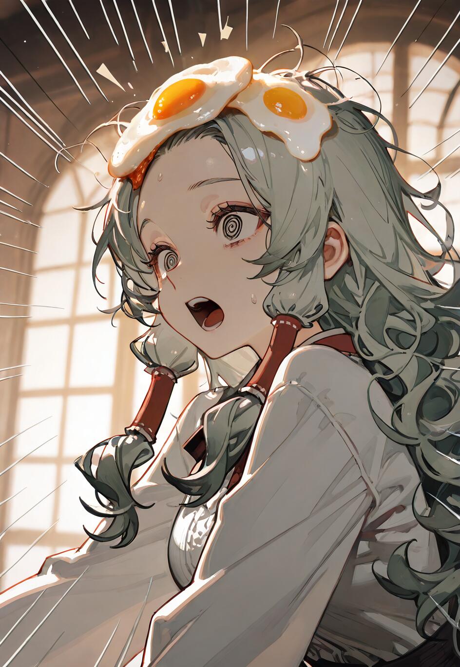 Uma rapariga com um estilo de desenho animado japonês (anime), com cabelo verde-claro ondulado e olhos em espiral, com uma expressão de choque e a boca aberta, enquanto dois ovos fritos estão pousados em cima da sua cabeça.