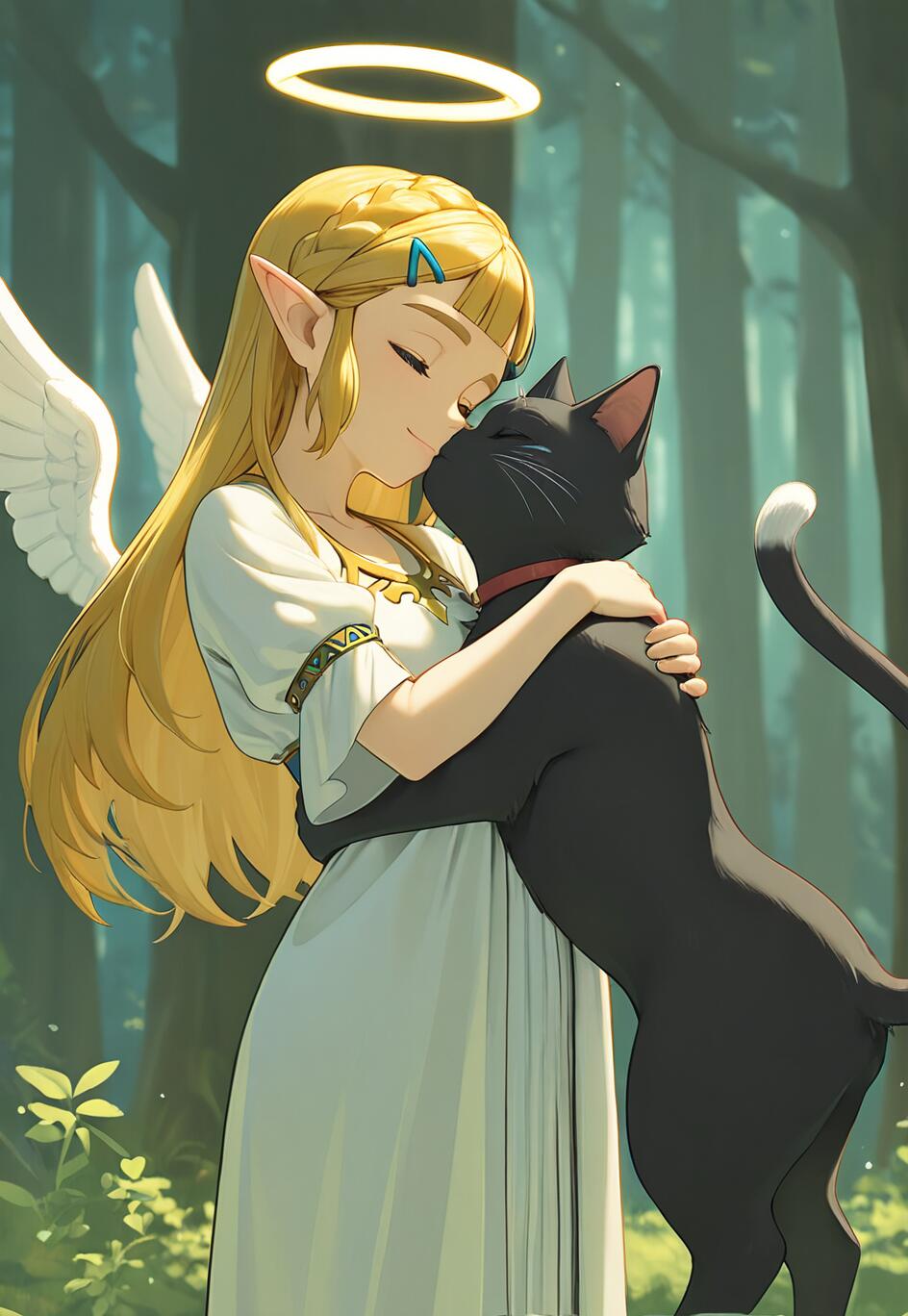 Uma ilustração no estilo anime da Princesa Zelda, com asas de anjo e um halo, abraçando ternamente um gato preto em um cenário florestal.