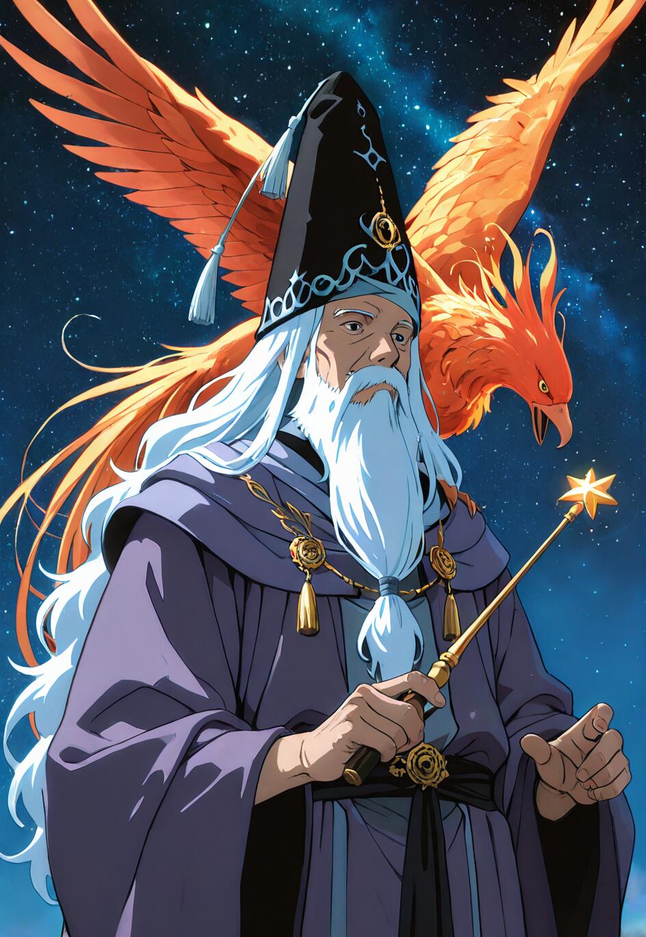 Um retrato no estilo anime de Alvo Dumbledore, um mago com uma longa barba branca e vestes roxas, segurando uma varinha com uma estrela na ponta, com um grande fênix laranja atrás dele, contra um céu noturno estrelado.