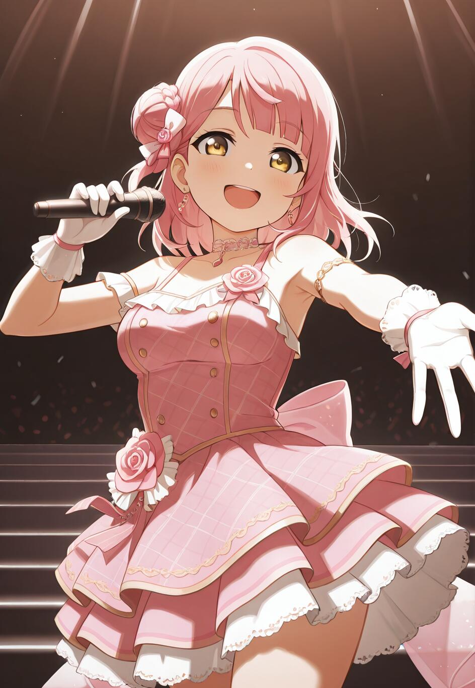 Ayumu Uehara, do grupo Love Live! Nijigasaki High School Idol Club, sorri amplamente enquanto canta ao microfone no palco, vestida com um elaborado fato de ídolo rosa e branco, decorado com motivos de rosas.