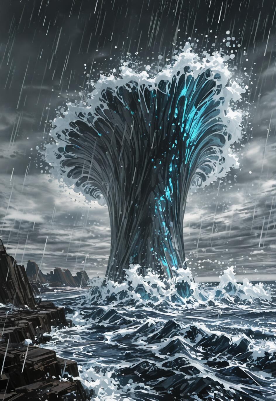 Uma pintura de fantasia impressionante que retrata um mar tempestuoso, onde uma enorme coluna de água em forma de árvore se eleva, brilhando com uma luz azul intensa que emana do seu interior. A chuva cai de um céu escuro e nublado sobre o oceano agitado e uma costa rochosa.