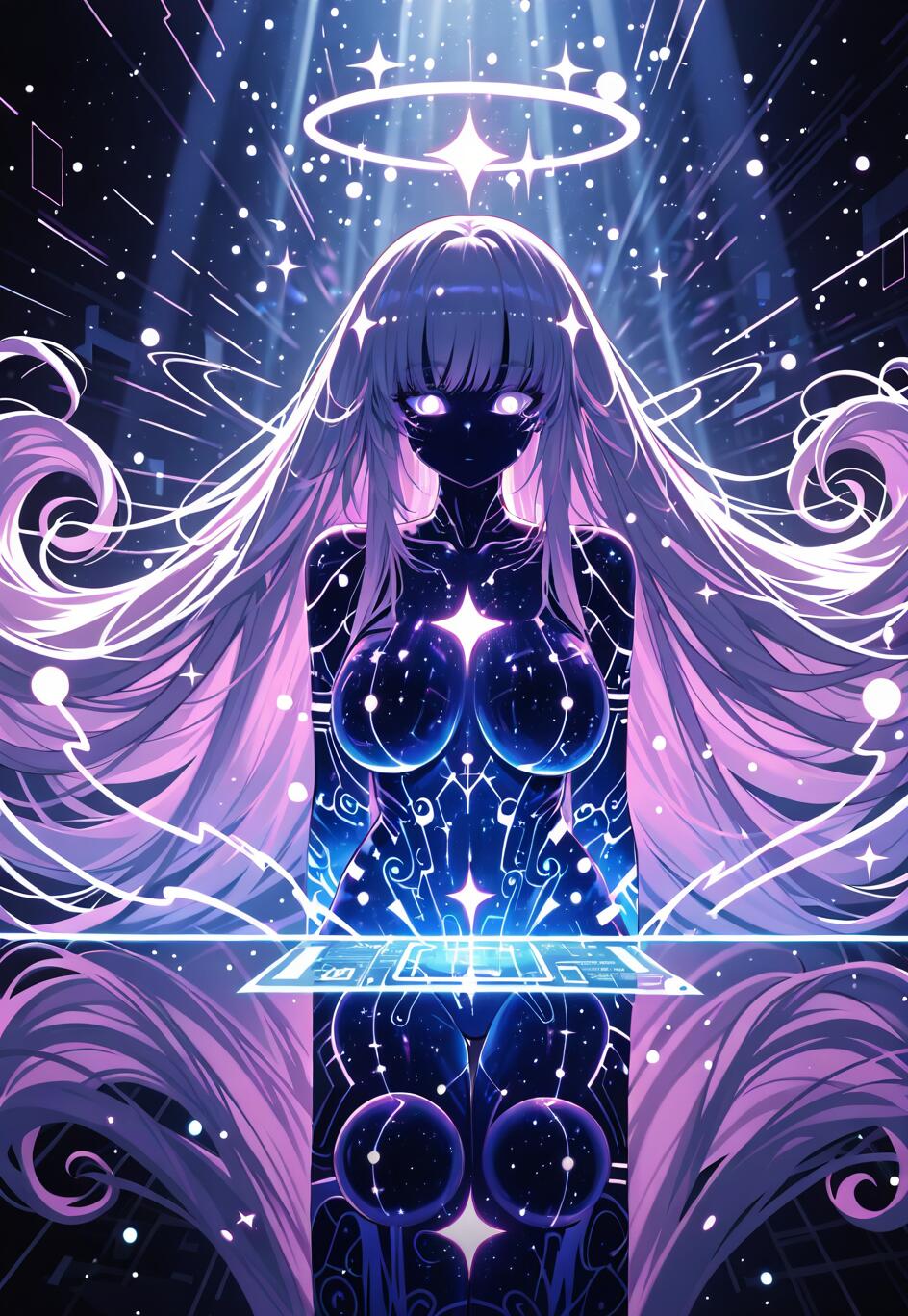 Uma mulher celestial com um visual de anime, com longos cabelos cor de lilás, pele com padrões de galáxia e um halo estrelado, interagindo com um teclado holográfico flutuante num espaço cósmico e digital.