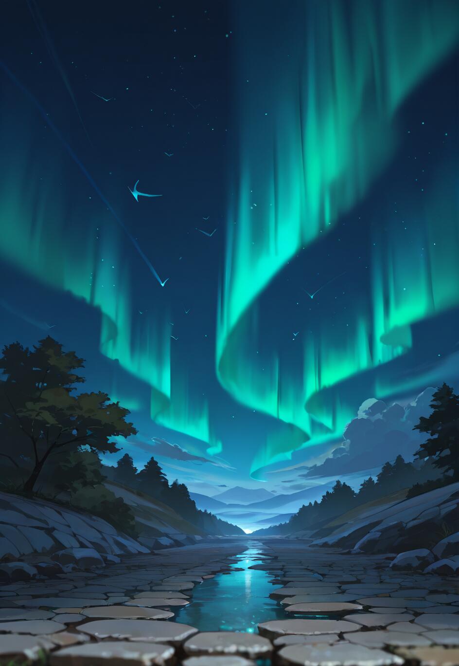 Uma ilustração digital encantadora de um caminho de paralelepípedos que serpenteia por um vale durante a noite, com uma majestosa aurora boreal verde a iluminar o céu e a refletir-se num riacho que corre ao longo do caminho.
