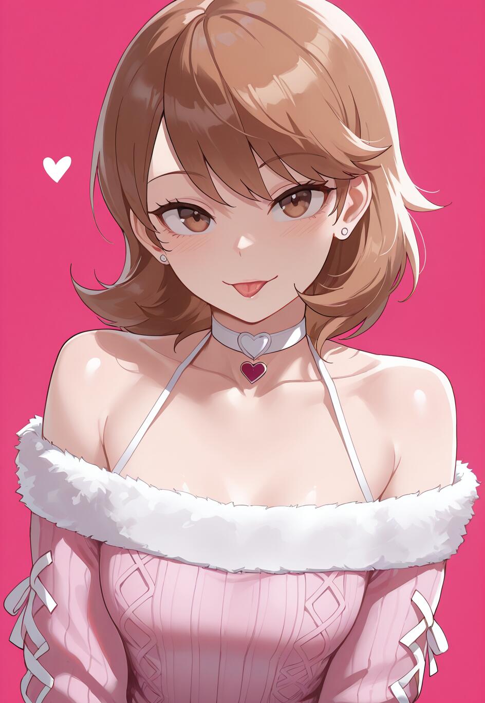 Ilustração digital de Yukari Takeba, de Persona 3, com cabelo castanho curto e um sorriso divertido. Ela veste um casaco cor-de-rosa com decote ombro a ombro e detalhes em pele, um top branco com alças e um colar em forma de coração, tudo sobre um fundo rosa sólido.