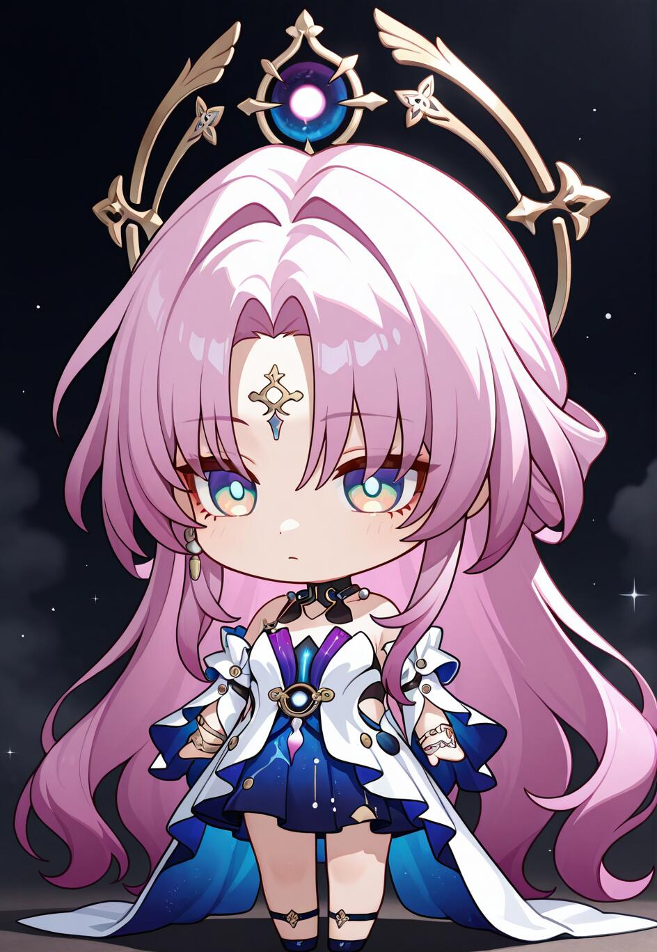 Um desenho fofo no estilo chibi de Fu Xuan, de Honkai: Star Rail. Ela tem longos cabelos cor-de-rosa, uma coroa dourada e um vestido detalhado em branco e azul, e está em pé contra um fundo escuro com estrelas.