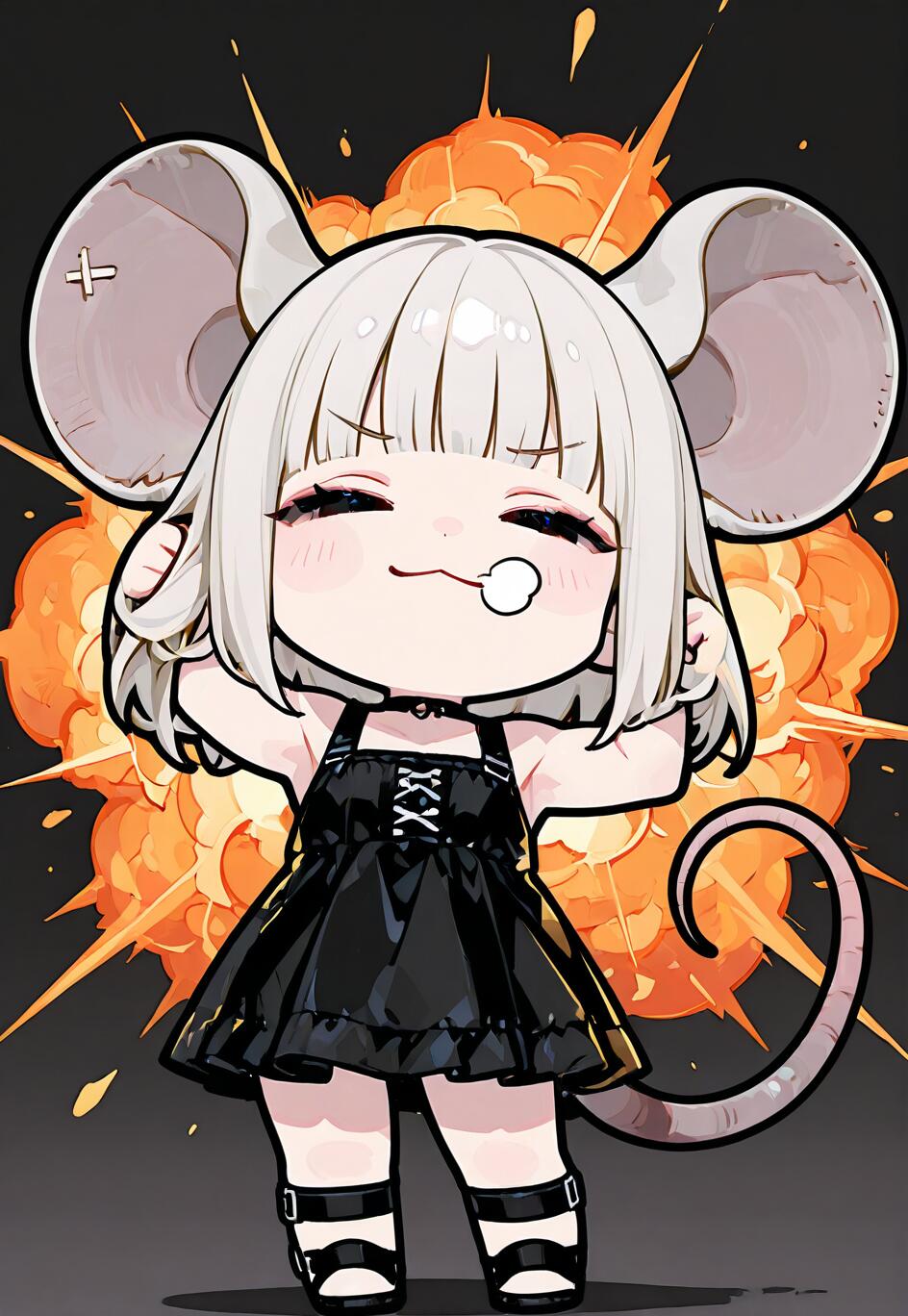Uma personagem de anime no estilo chibi, com grandes orelhas de rato e cabelo prateado, identificada como Nazrin, do universo Touhou Project, vestindo um vestido preto e exibindo uma pose confiante em frente a uma explosão flamejante.
