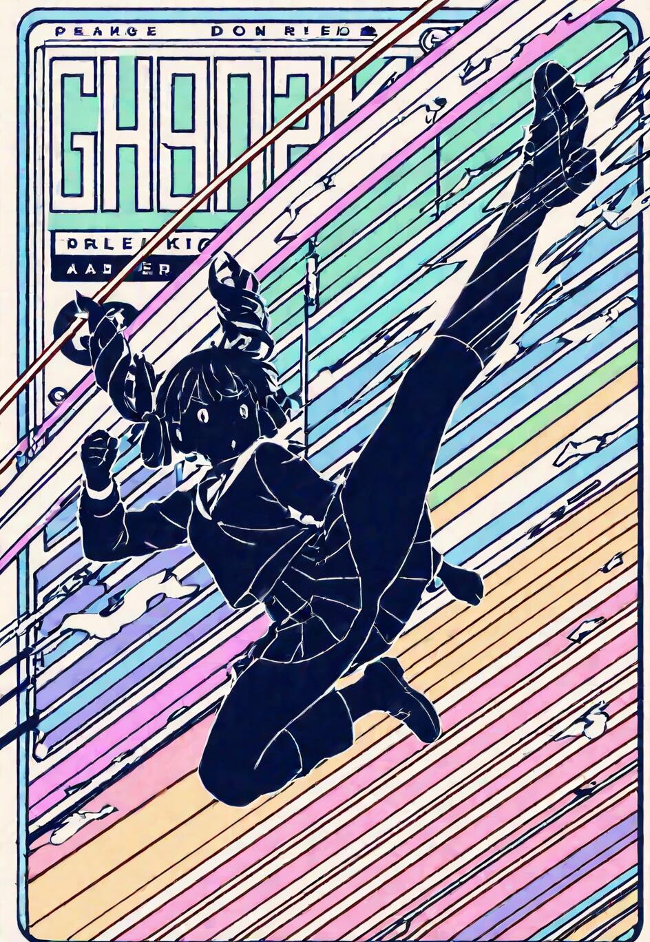 Uma ilustração digital em estilo anime, que apresenta a silhueta de uma estudante com cabelos presos em duas marias-chiquinhas, realizando um chute alto e dinâmico. A silhueta é delineada em branco sobre um fundo de listras diagonais em tons pastel coloridos, sugerindo velocidade e movimento.