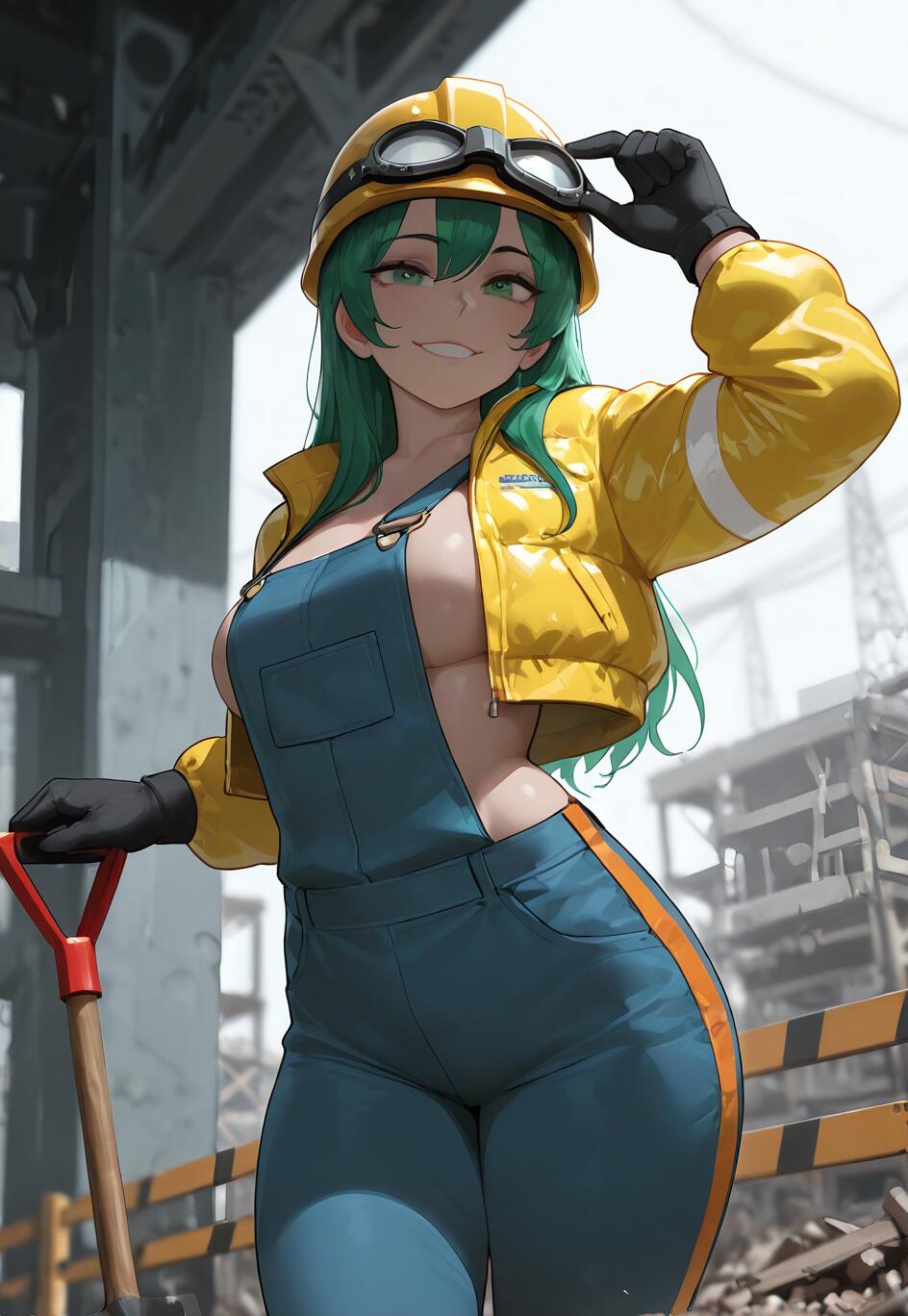 Uma personagem de anime, uma rapariga de longos cabelos verdes e um sorriso confiante, vestida como uma trabalhadora da construção civil, com um capacete amarelo, um casaco amarelo e um macacão azul, segurando uma pá num estaleiro.