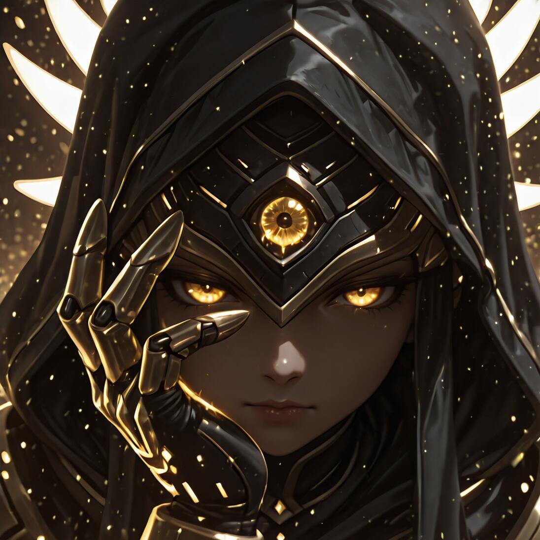 Um retrato em close-up da personagem Justicar Syndra, do jogo League of Legends. Ela tem olhos amarelos brilhantes e usa um capuz preto sobre uma elaborada peça de cabeça preta e dourada, com um símbolo de um terceiro olho. Ela segura uma mão metálica, protegida por uma armadura, perto do rosto, com um fundo de partículas brilhantes.