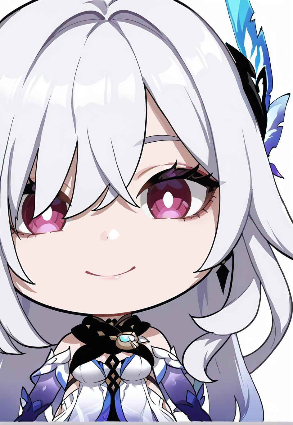 Um desenho em estilo chibi, em close-up, da personagem Skirk, do jogo Genshin Impact: uma jovem com longos cabelos brancos e olhos roxos, sorrindo suavemente contra um fundo branco.