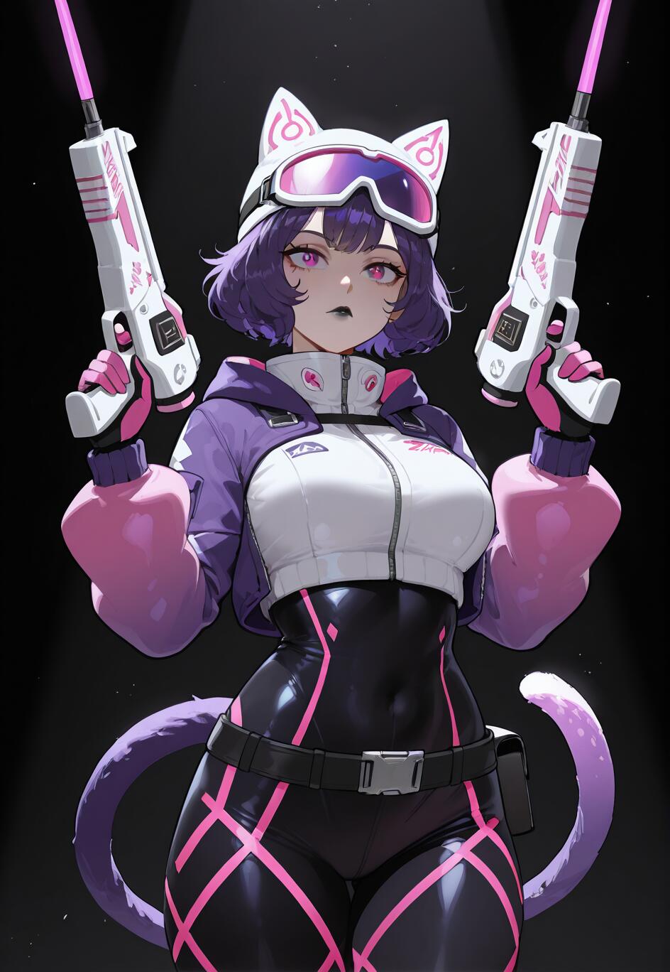 Uma personagem feminina de anime, com cabelo curto e roxo, orelhas de gato e uma cauda, vestida com um fato futurista em tons de roxo, branco e preto. Ela segura duas pistolas laser e olha diretamente para o espectador, com um fundo escuro e holofotes.