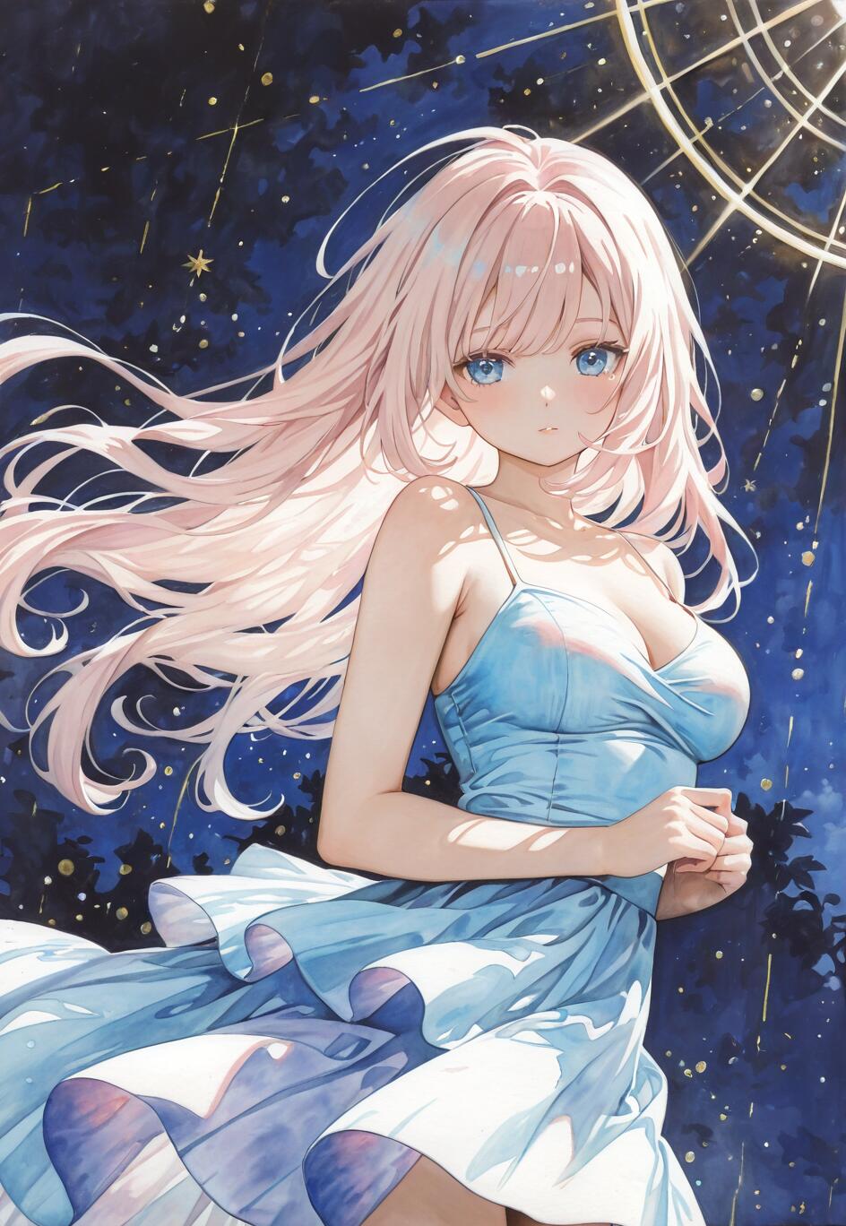 Uma ilustração no estilo anime de Elysia, de Honkai Impact 3rd: uma jovem de beleza estonteante, com longos cabelos cor-de-rosa e olhos azuis, vestindo um vestido azul-claro esvoaçante, emoldurada por um céu noturno mágico e estrelado.