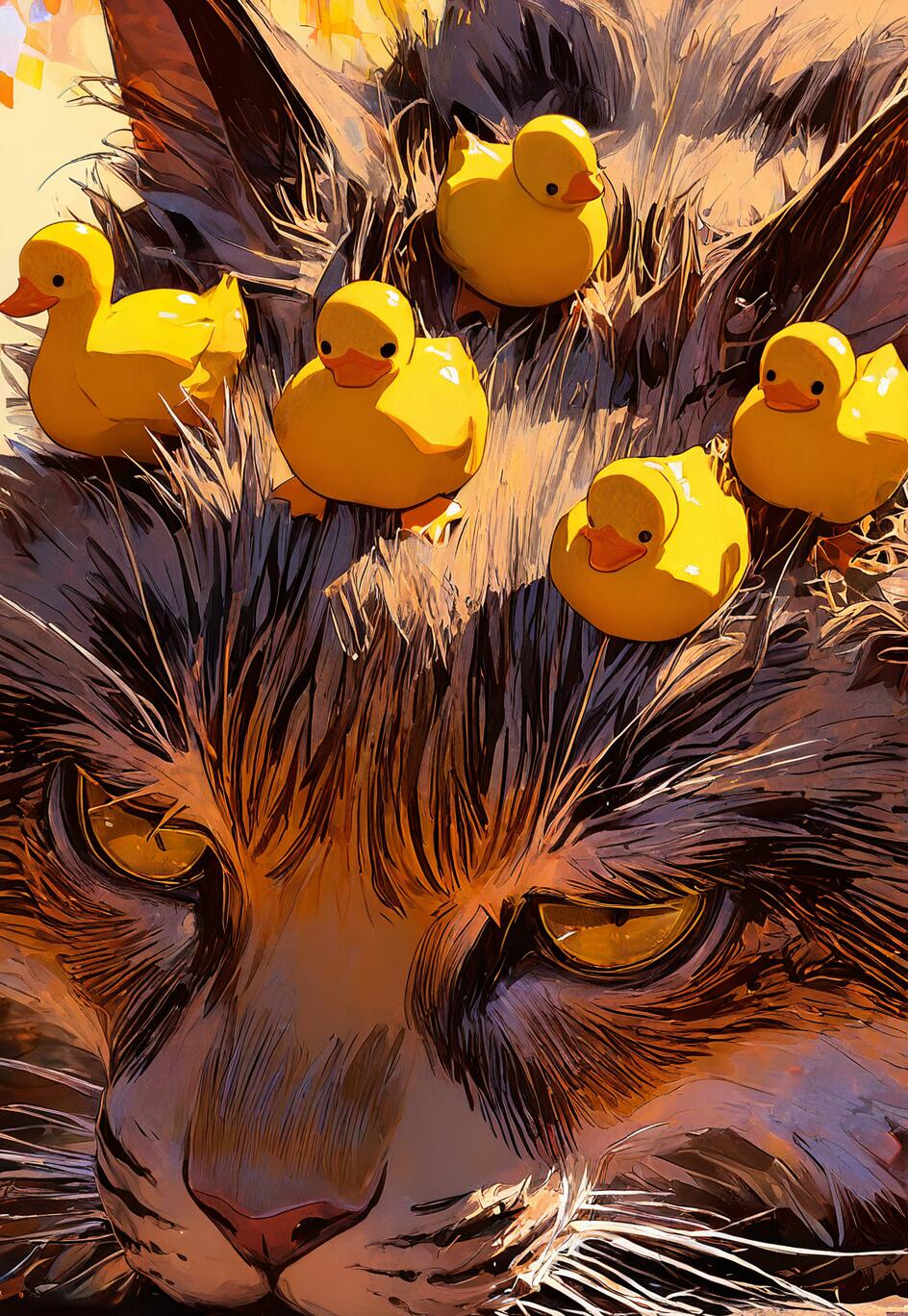 Uma ilustração detalhada e com traços de pintura, que retrata o rosto de um gato malhado de expressão carrancuda em um primeiro plano extremo. Seis pequenos patinhos de borracha amarelo-brilhante estão empoleirados sobre a sua cabeça, como uma coroa.