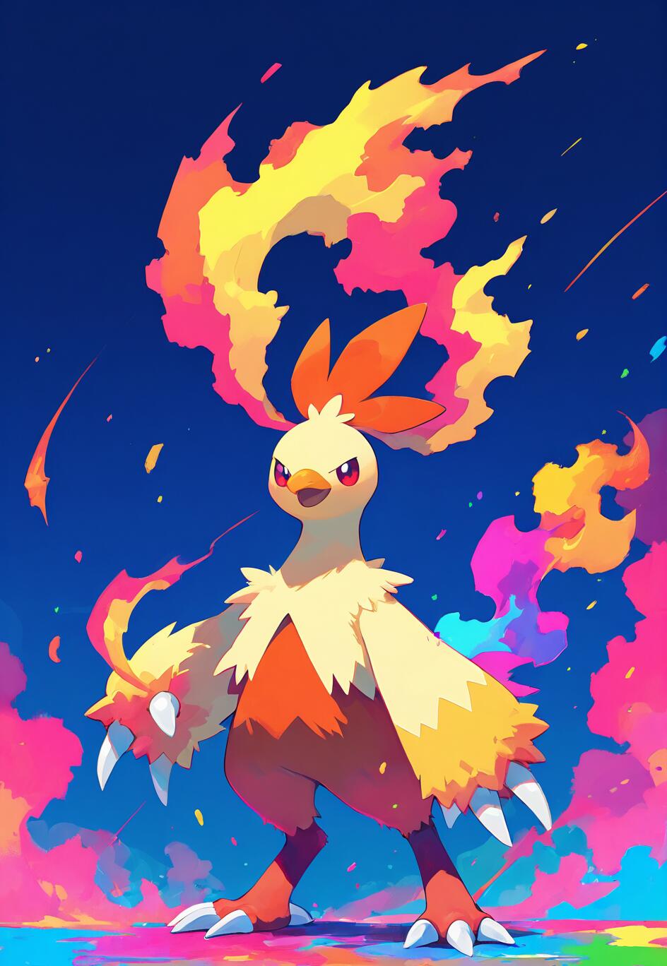 Uma ilustração digital do Pokémon Combusken, representado numa pose confiante. Chamas emanam da sua crista, contrastando com um fundo vibrante de tons azuis, rosa e amarelos.