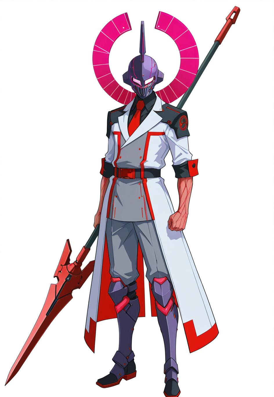 Uma ilustração digital de corpo inteiro de um personagem de anime masculino, vestindo um casaco branco e um fato cinzento, com um capacete roxo que se assemelha ao de um cavaleiro e um halo cor-de-rosa, e segurando uma grande lança mecânica vermelha.