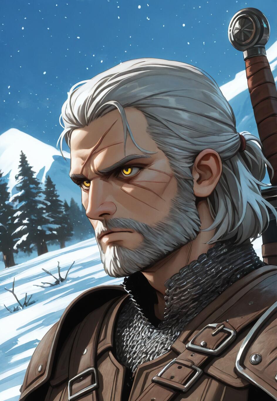 Uma ilustração de Geralt de Rívia, da saga The Witcher, com cabelos brancos, barba e olhos amarelos, olhando para o lado. Ele está num ambiente montanhoso e coberto de neve, vestindo uma armadura de couro e cota de malha, com uma espada nas costas.