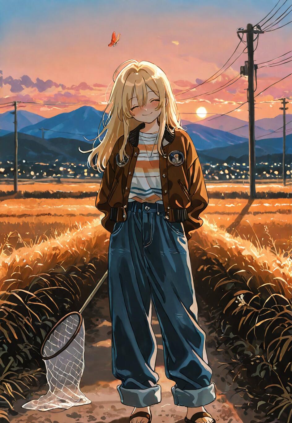 Uma ilustração em estilo anime de uma menina loira sorridente, vestindo uma jaqueta castanha e calças largas, em pé em um caminho em meio a um campo de arroz dourado ao pôr do sol, segurando uma rede de borboletas.