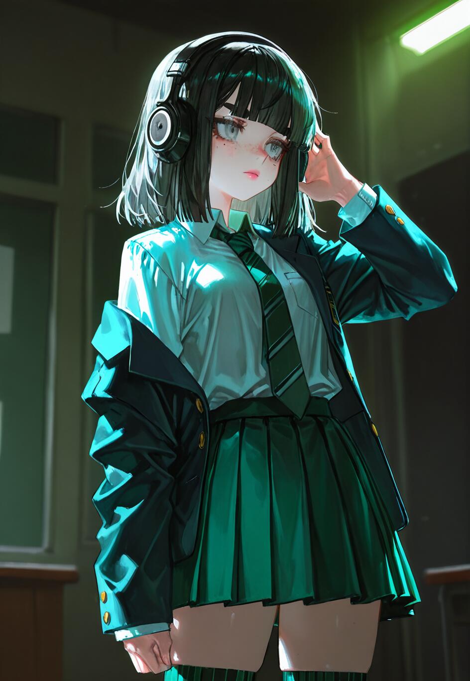Uma rapariga de anime, com cabelo preto curto e olhos cinzentos, vestida com um uniforme escolar verde e auriculares pretos. Ela está numa sala pouco iluminada, sob uma luz verde, segurando um dos auriculares e olhando para o lado, com uma expressão pensativa.
