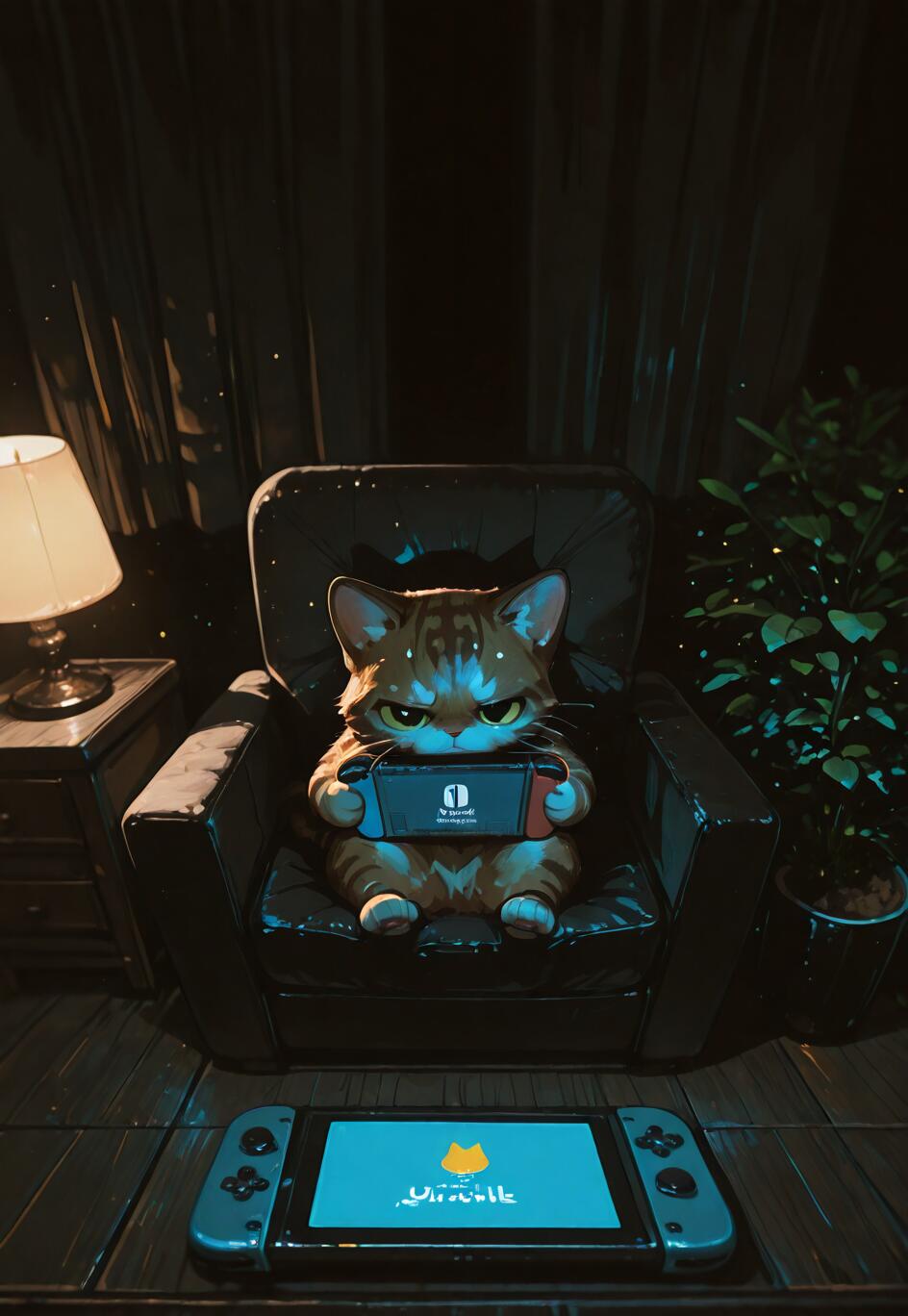Um gato tigrado de cor laranja, com uma expressão carrancuda, está sentado numa poltrona preta, num quarto com pouca luz, e está concentrado a jogar num console de videojogos portátil. Uma lâmpada emite uma luz quente, e outro console está no chão.