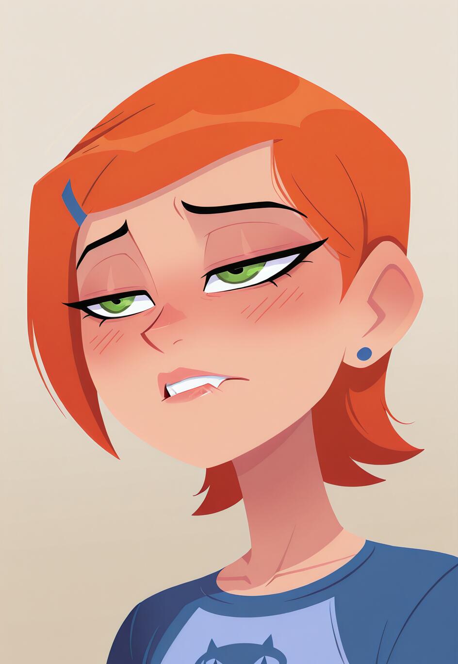 Uma ilustração digital estilizada de Gwen Tennyson, da série Ben 10, mostrando-a da cintura para cima. Ela tem cabelo curto e laranja, olhos verdes e está muito corada. Os seus olhos estão semiencerrados e ela está a morder o lábio, numa expressão de alívio.