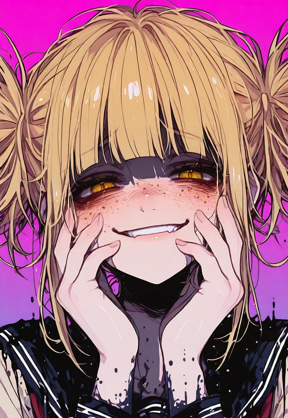 Um retrato no estilo anime de Himiko Toga, da série My Hero Academia. Ela tem dois coques loiros desalinhados, olhos dourados e um largo sorriso que revela os dentes. As mãos estão apoiadas nas bochechas, e a sua expressão é estranhamente alegre.