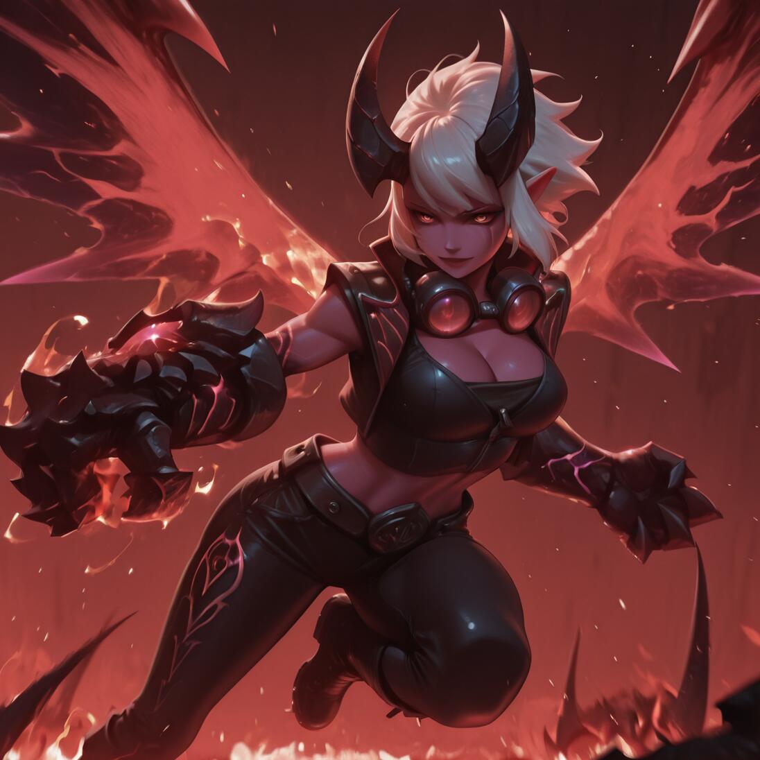Uma ilustração digital de Demon Vi, de League of Legends, uma poderosa demônio com cabelos brancos, pele rosa, grandes chifres e asas vermelhas brilhantes, que se lança para a frente com uma enorme manopla em uma paisagem flamejante.