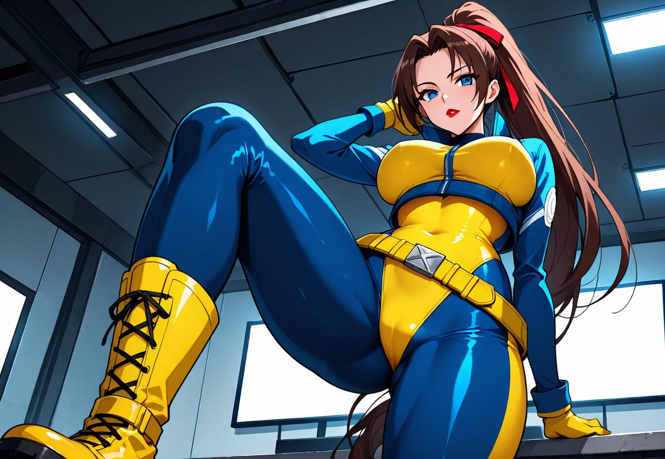 Uma imagem tirada de um ângulo baixo, mostrando Jean Grey, dos X-Men, com o seu clássico fato de treino azul e amarelo, posando com confiança e exibindo o cabelo comprido e castanho apanhado num rabo de cavalo.