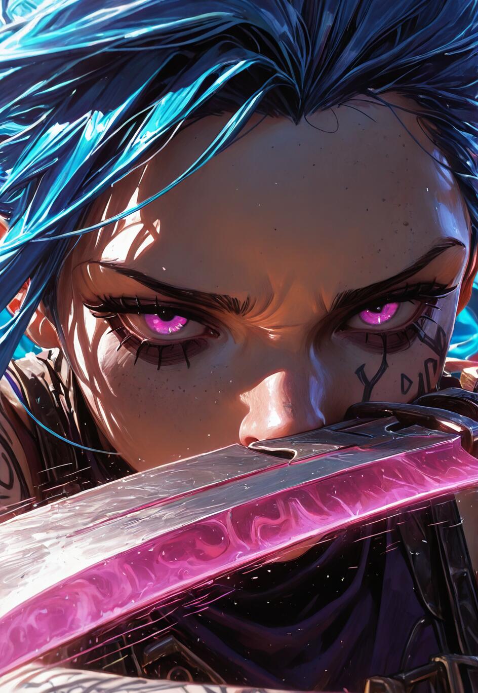 Uma ilustração em close-up de Jinx, da série Arcane, com o rosto parcialmente escondido por uma grande lâmina. Ela tem cabelos azuis vibrantes, olhos rosa intensos e brilhantes, e uma expressão determinada.